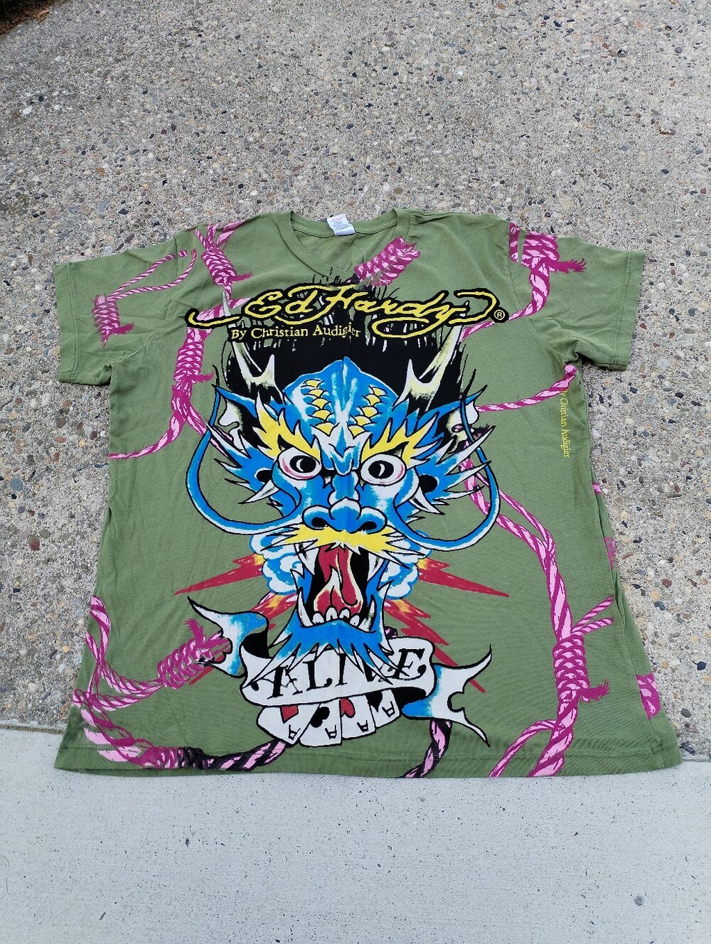 Ed Hardy Graphic Tees Green and Pink Short Sleeve Size XL